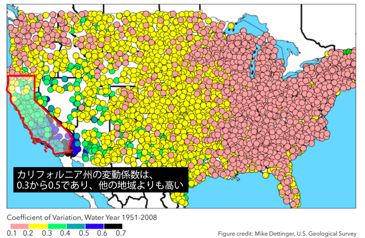 出典：Dettinger, Michael & Ralph, Fred & Das, Tapash & Neiman, Paul & Cayan, Daniel. (2011). Atmospheric Rivers, Floods and the Water Resources of California. Water. 3. 445-478. 10.3390/w3020445. をもとにカリフォルニア州の範囲を加筆