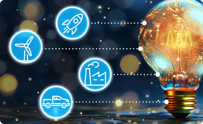 A glowing lightbulb with connected icons: a wind turbine, an aircraft, a factory, and a pickup truck, representing DEWETRON's measurement solutions in all four industries.