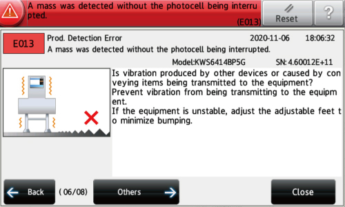 Fig.4 Error message on operation screen (Anritsu checkweighers)