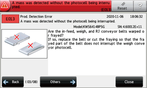 Fig.6 Error message on operation screen (Anritsu checkweighers)