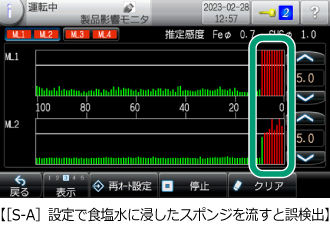 製品影響モニタ【［S-A］設定で食塩水に浸したスポンジを流すと誤検出】