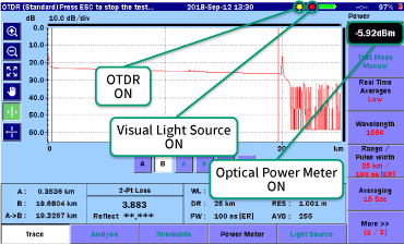 MT9085 Series, Simultaneous OTDR, Optical Power Meter and Visual Light Source Use